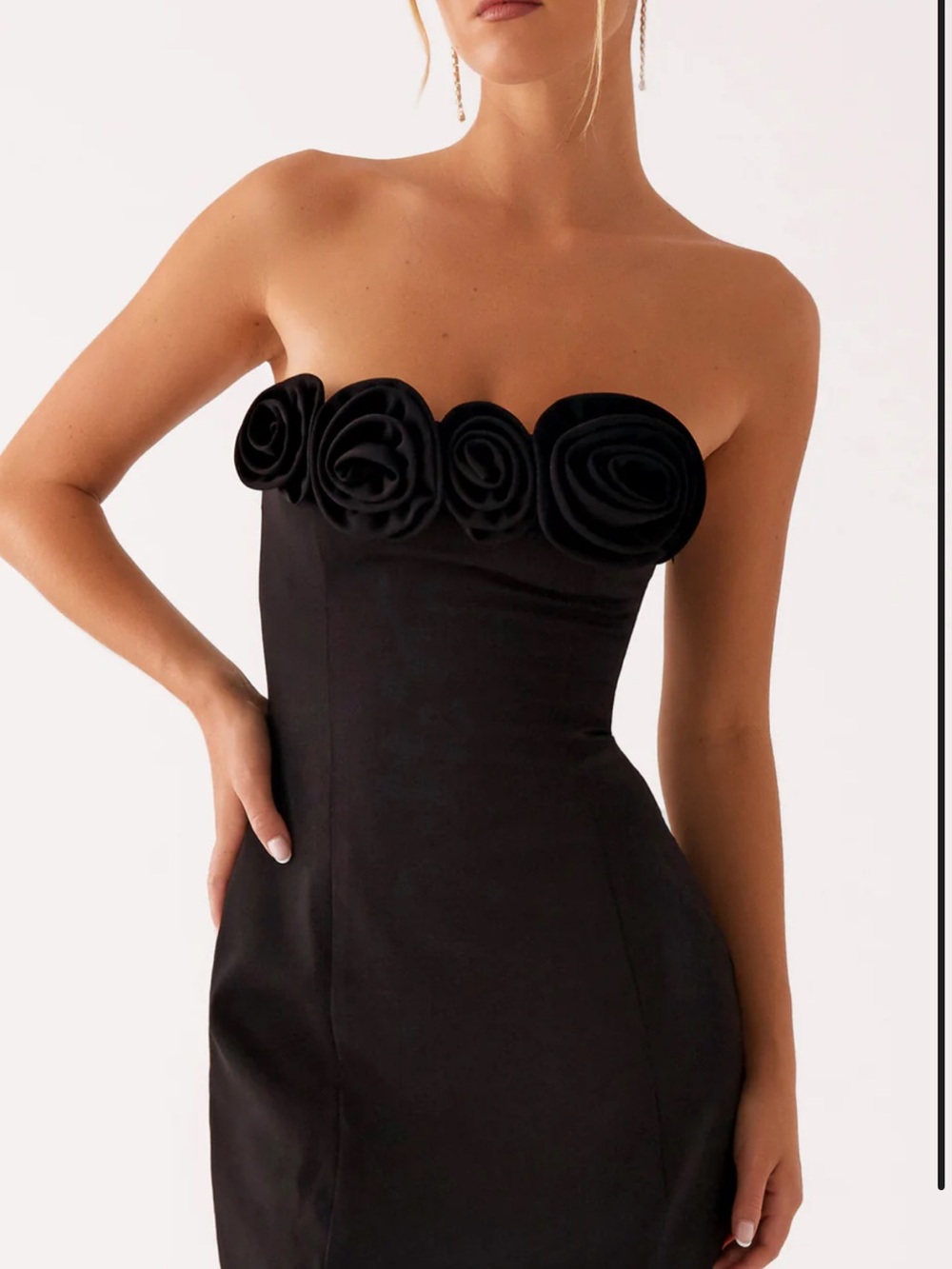 BRAND NEW Peppermayo Black Strapless Mini Dress with Rosette Trim - Patsie - Picture 2 of 7